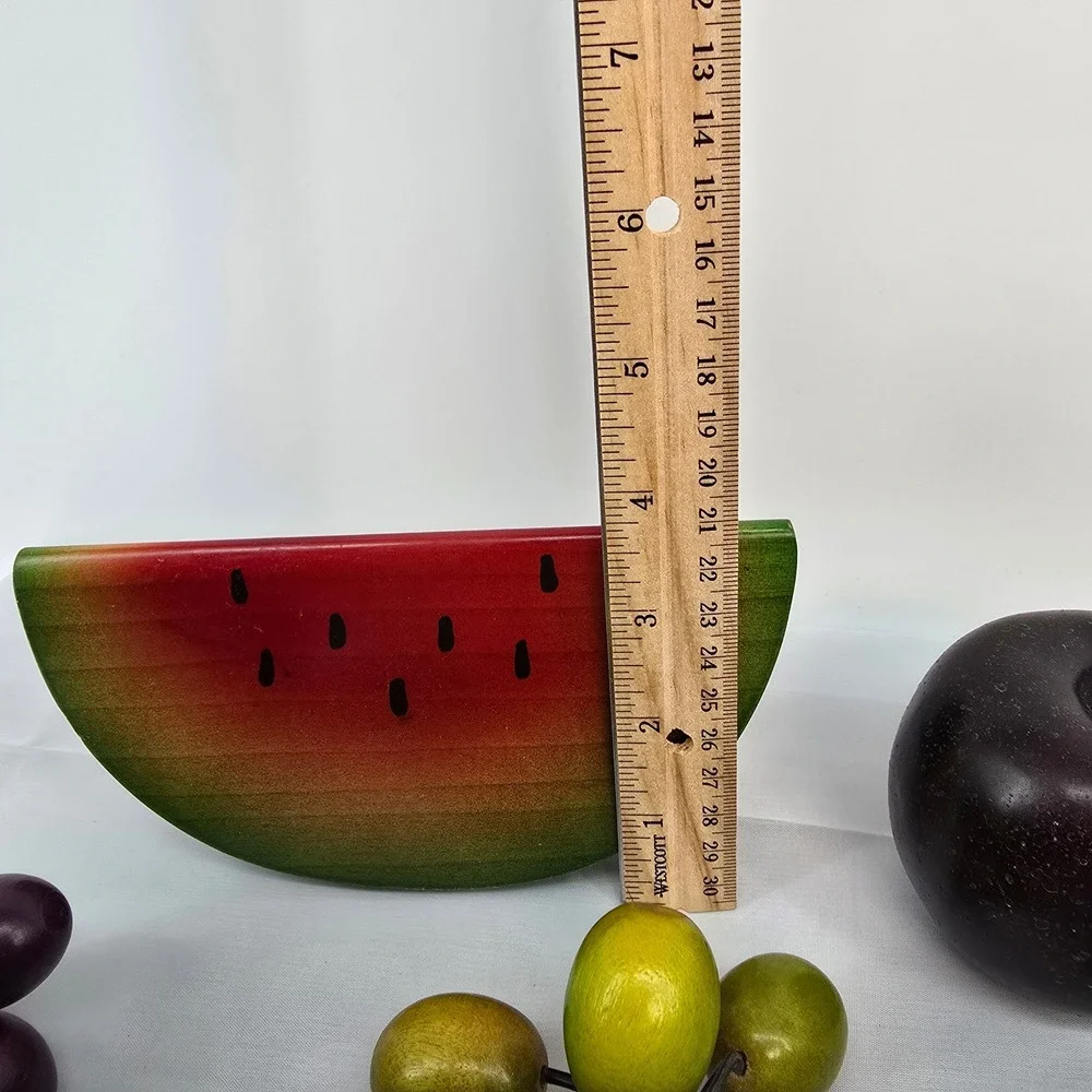 Vintage Hand Painted Wooden Fruit Set 8pc Watermelon Grapes Apple Pear Starfruit